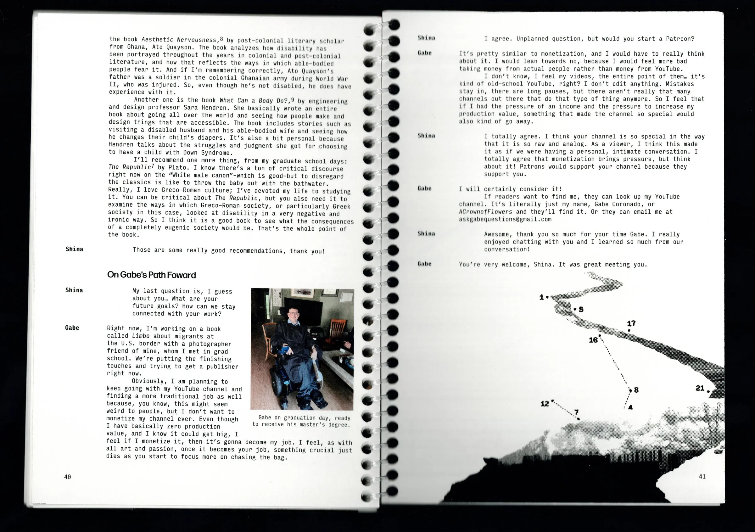 Closing interview spread with route illustration